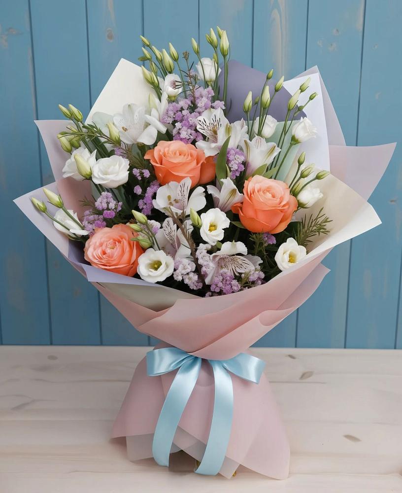 Букет цветов из: Лизиантусы, Розы, Альстромерии и Гипсофила в Темрюке